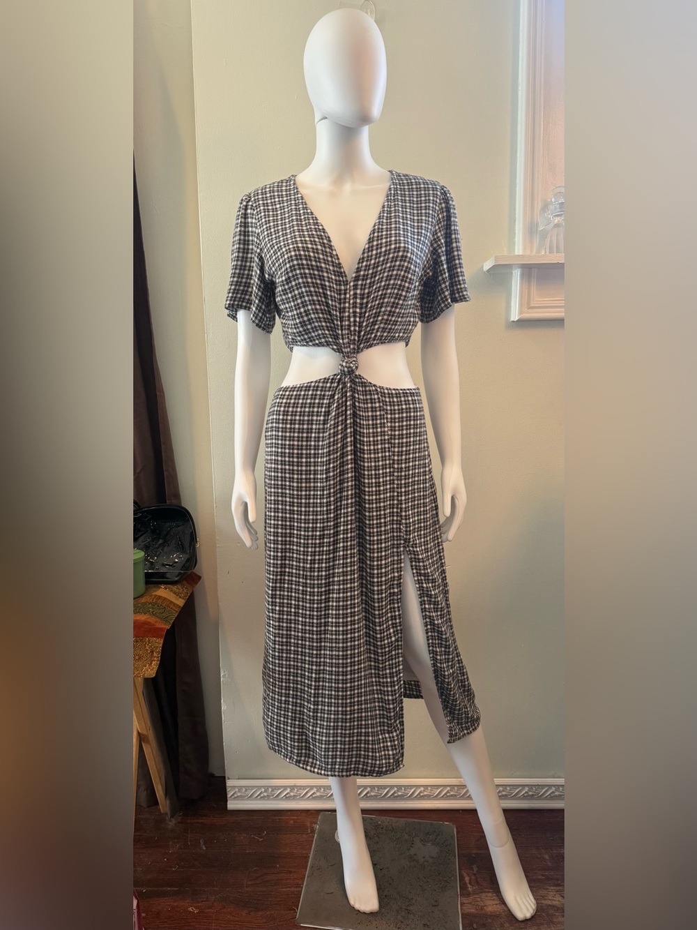Abercrombie & Fitch Black and White Gingham Midi Dress with Front Cutout Tie